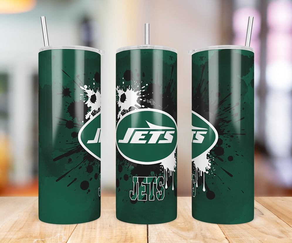 New York Jets Paint Splatter 20 oz skinny tumbler three-angle product photo