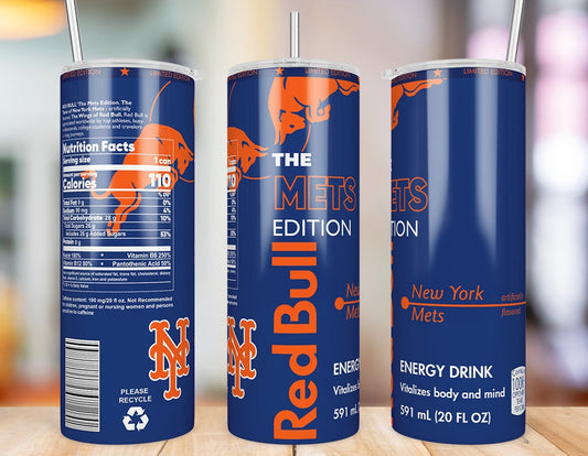 New York Mets 20 oz skinny tumbler three-angle product mockup