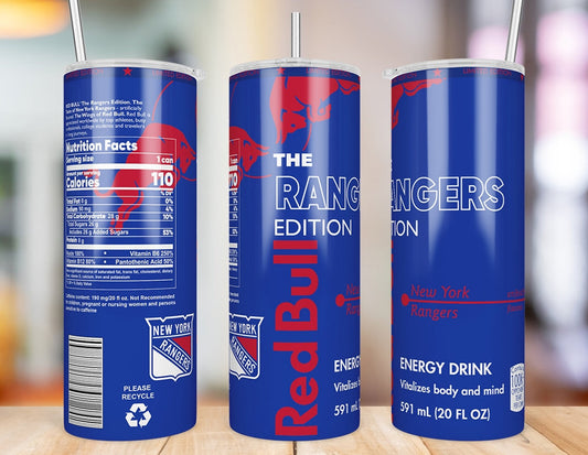 New York Rangers Red Bull-inspired 20 oz skinny tumbler shown from three angles