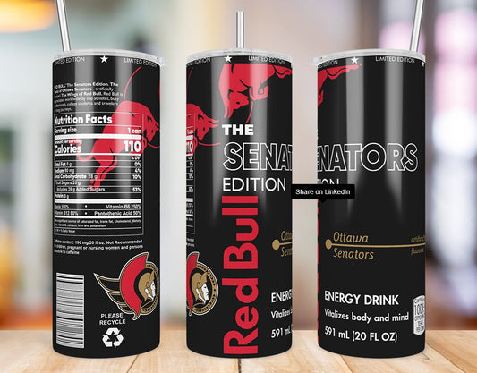 Ottawa Senators Red Bull-inspired 20 oz skinny tumbler three-side product mockup