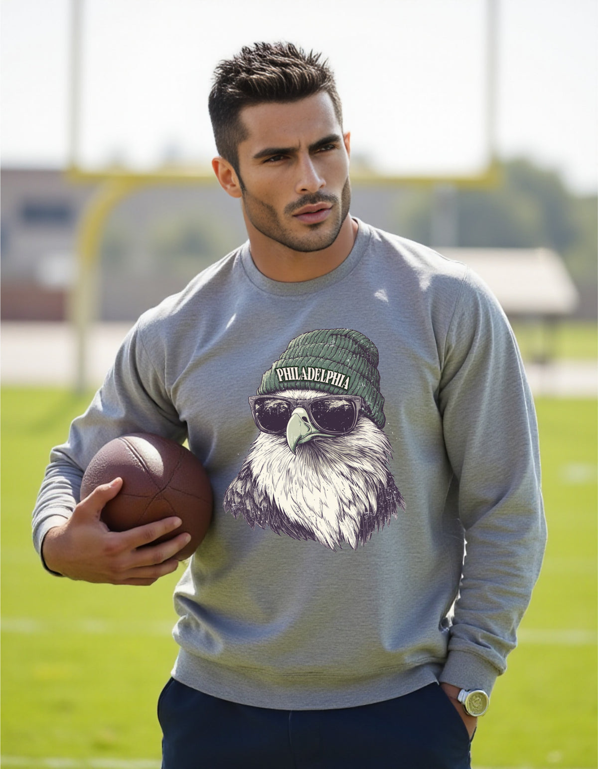 Philadelphia Eagles Spirit Animal sweatshirt on male model with football