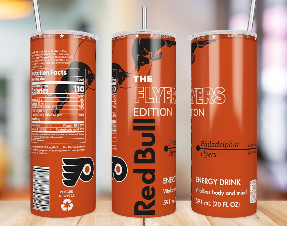 Philadelphia Flyers Red Bull-inspired 20 oz skinny tumbler three-angle product mockup