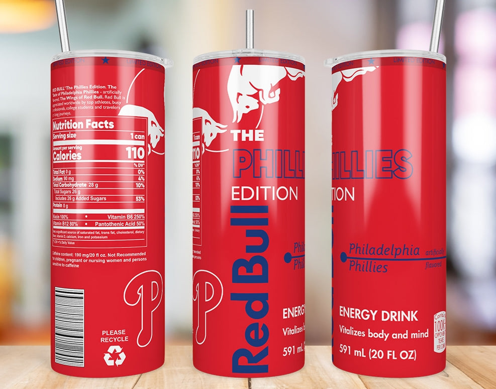 Philadelphia Phillies 20 oz skinny tumbler three-angle product mockup