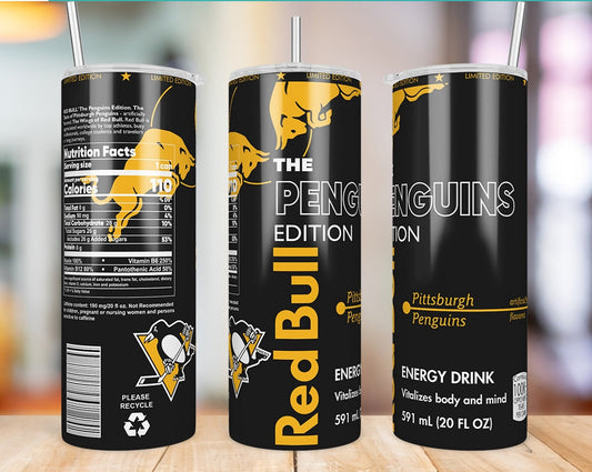 Pittsburgh Penguins inspired 20oz skinny tumbler shown from three angles