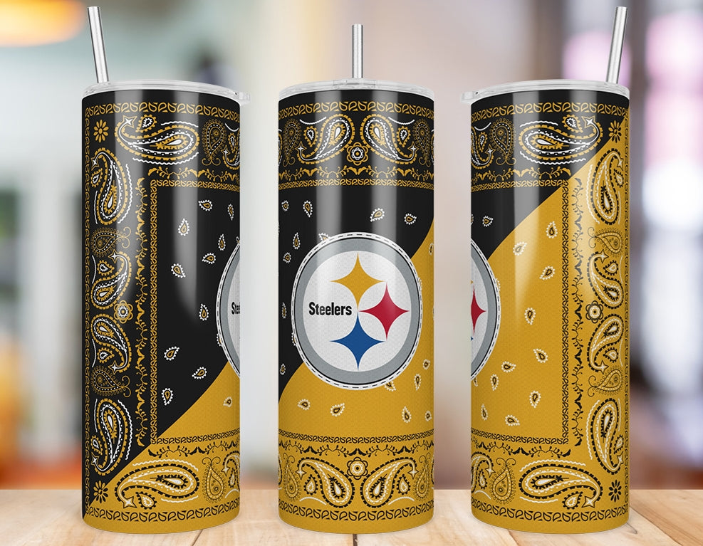 Pittsburgh Steelers Bandana Paisley 20 oz skinny tumbler three-angle product photo