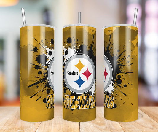 Pittsburgh Steelers Paint Splatter 20 oz skinny tumbler three-angle product photo