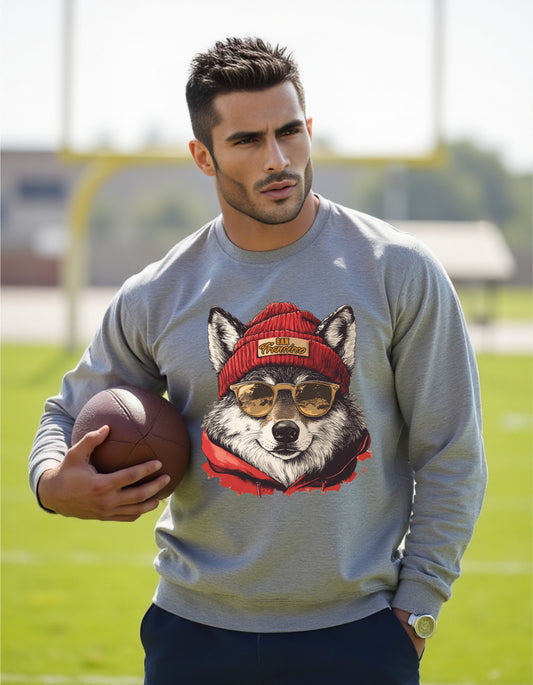 San Francisco 49ers Spirit Animal sweatshirt on male model with football