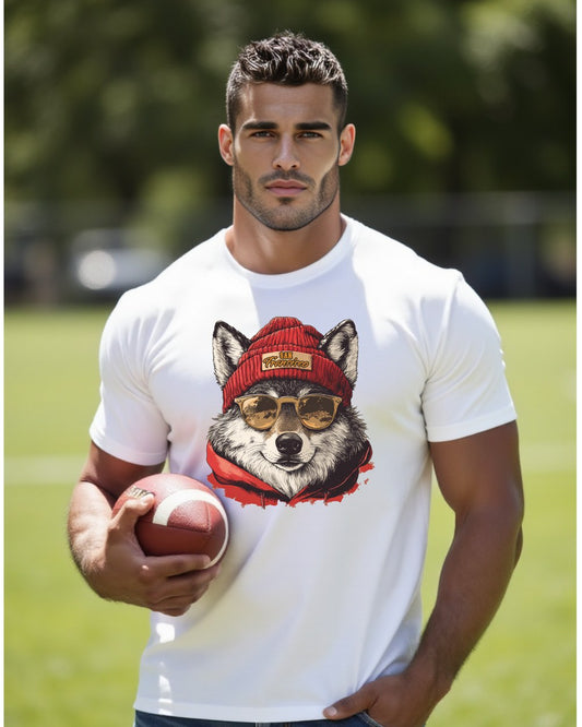San Francisco 49ers Spirit Animal graphic T-shirt modeled by male fan