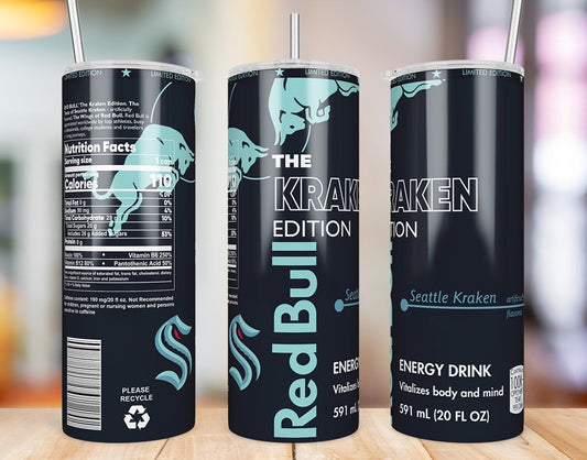 Seattle Kraken inspired 20oz skinny tumbler shown from three angles