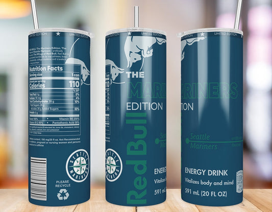 Seattle Mariners 20 oz skinny tumbler three-angle product mockup