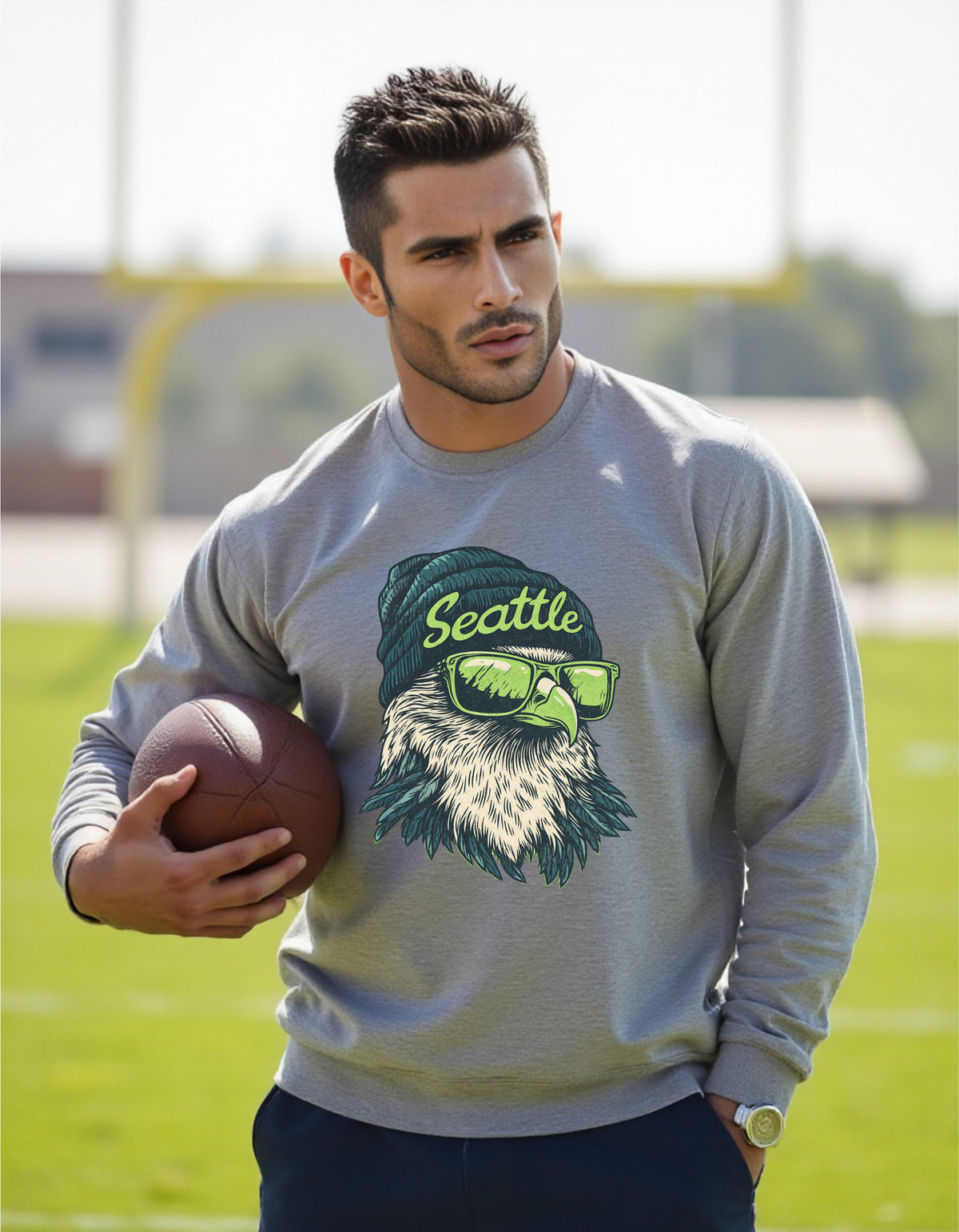 Seattle Seahawks Spirit Animal sweatshirt on male model with football