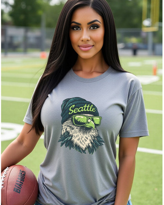 Seattle Seahawks Spirit Animal graphic T-shirt modeled by female fan