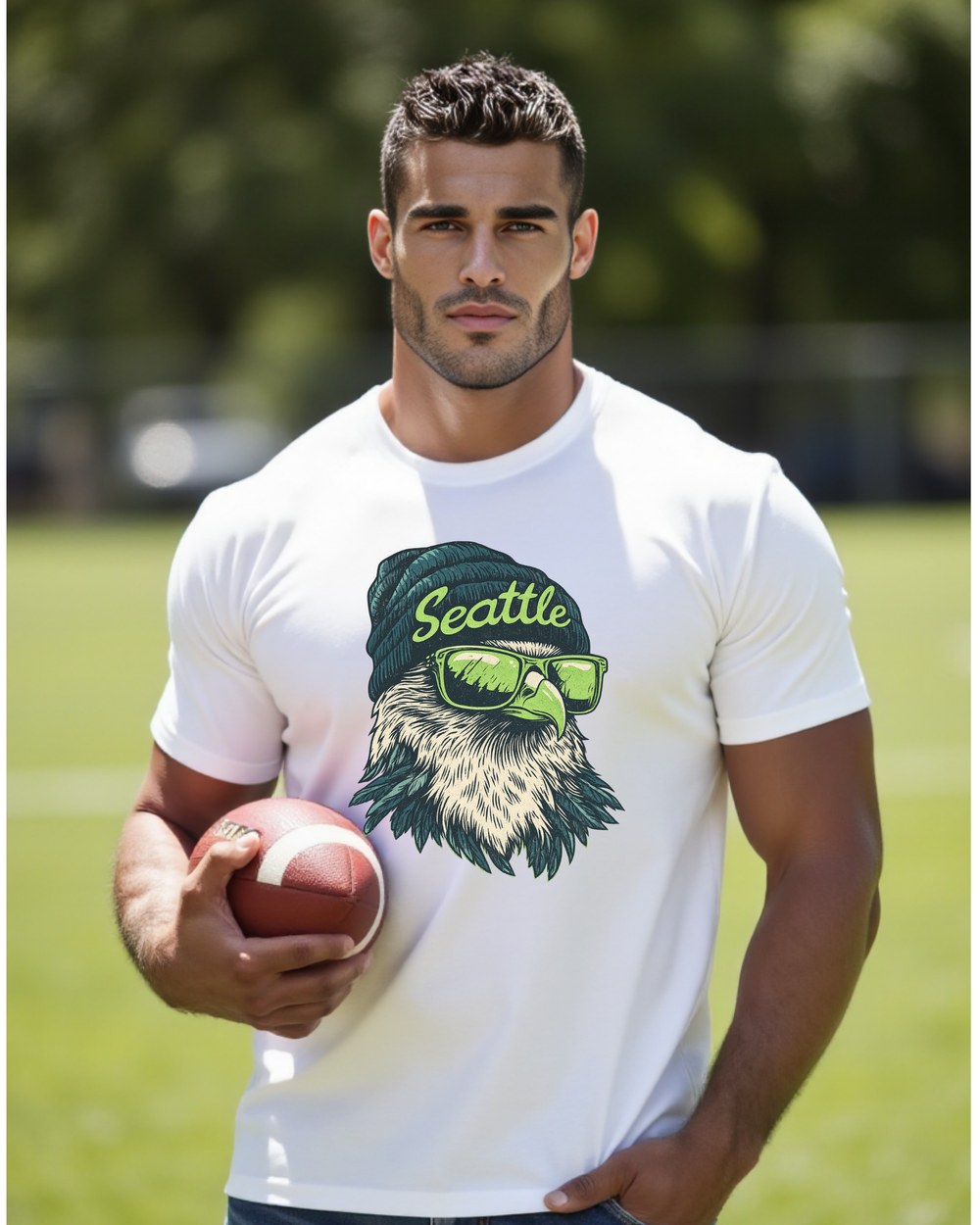 Seattle Seahawks Spirit Animal graphic T-shirt modeled by male fan