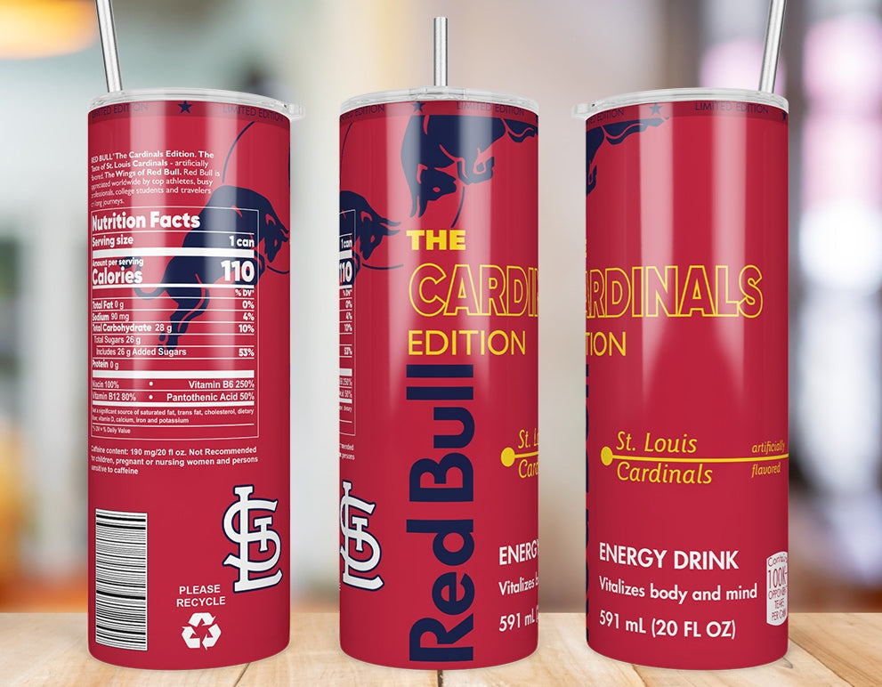 St. Louis Cardinals 20 oz skinny tumbler three-angle product mockup