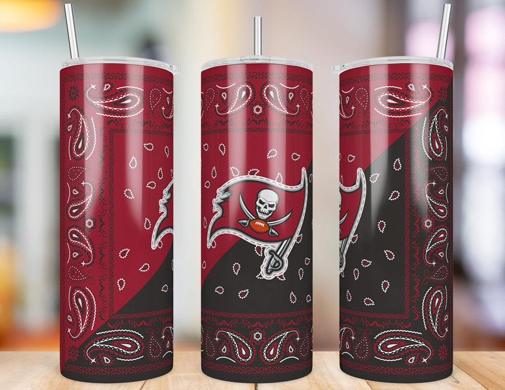 Tampa Bay Buccaneers Bandana Paisley 20 oz skinny tumbler three-angle product photo