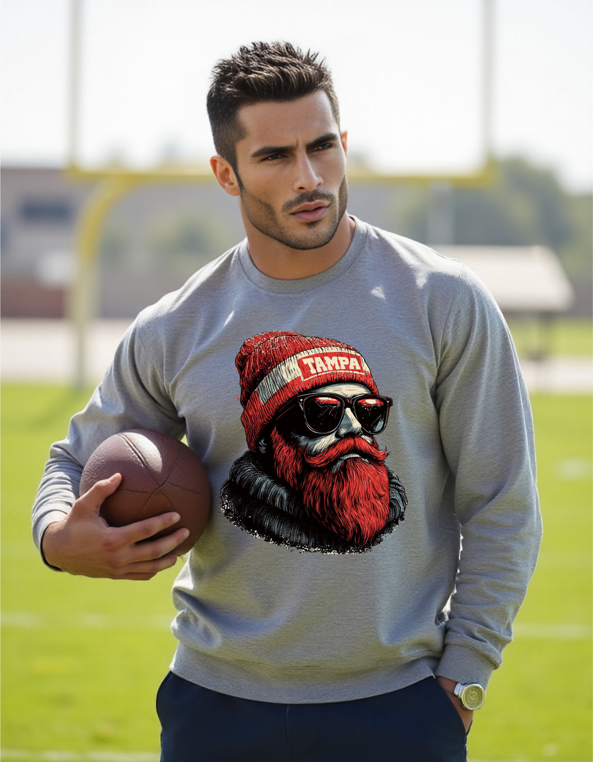 Tampa Bay Buccaneers Spirit Animal sweatshirt on male model with football