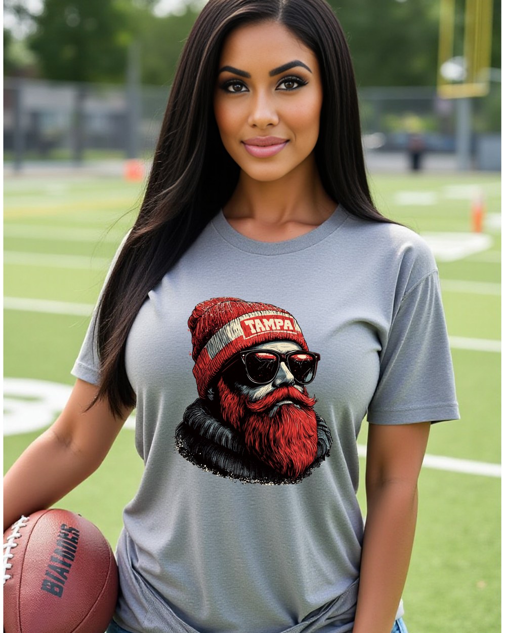 Tampa Bay Buccaneers Spirit Animal graphic T-shirt modeled by female fan