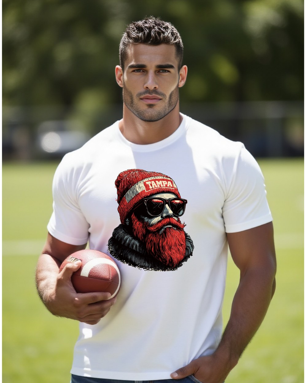 Tampa Bay Buccaneers Spirit Animal graphic T-shirt modeled by male fan