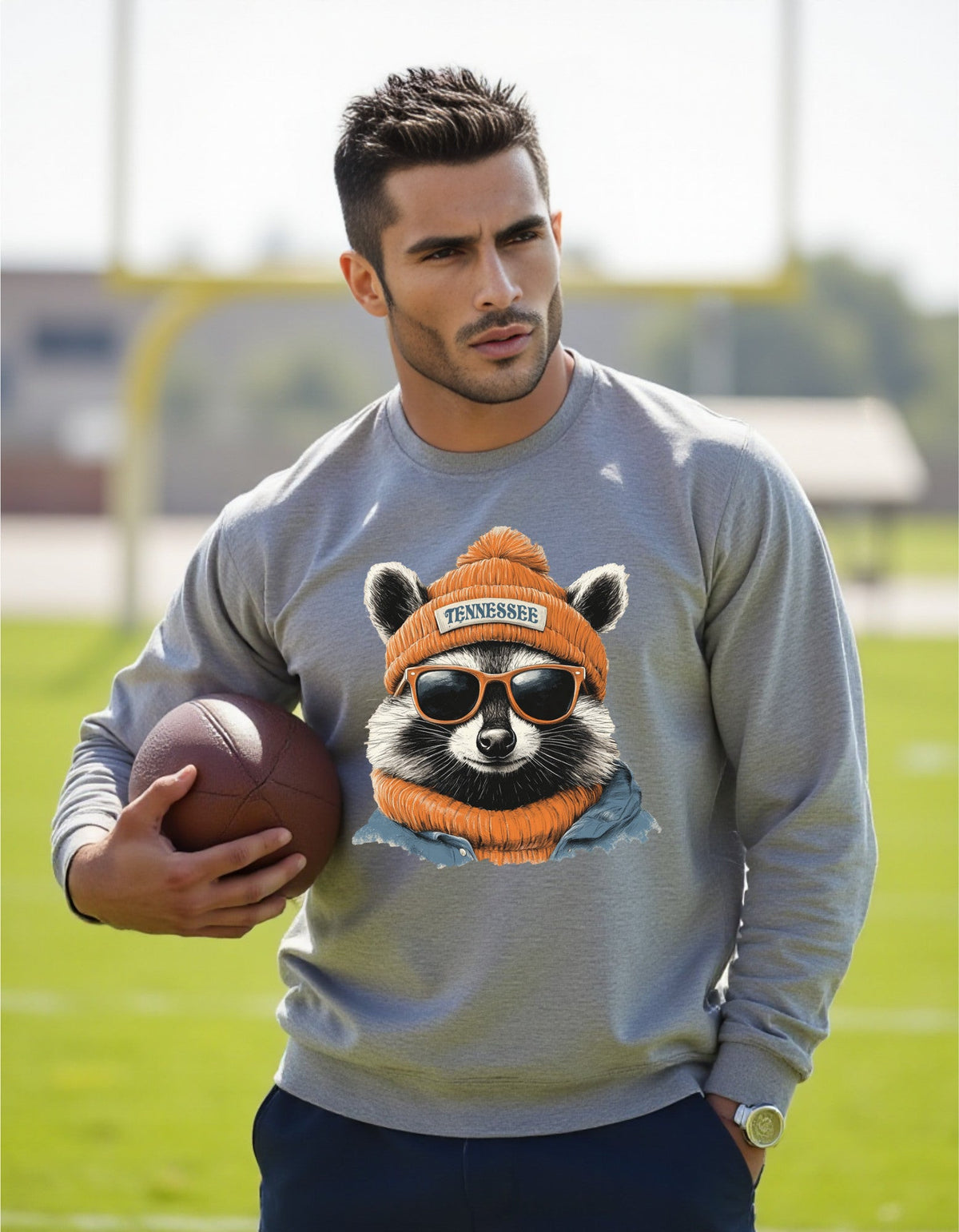 Tennessee Titans orange-hat raccoon sweatshirt modeled by man holding football