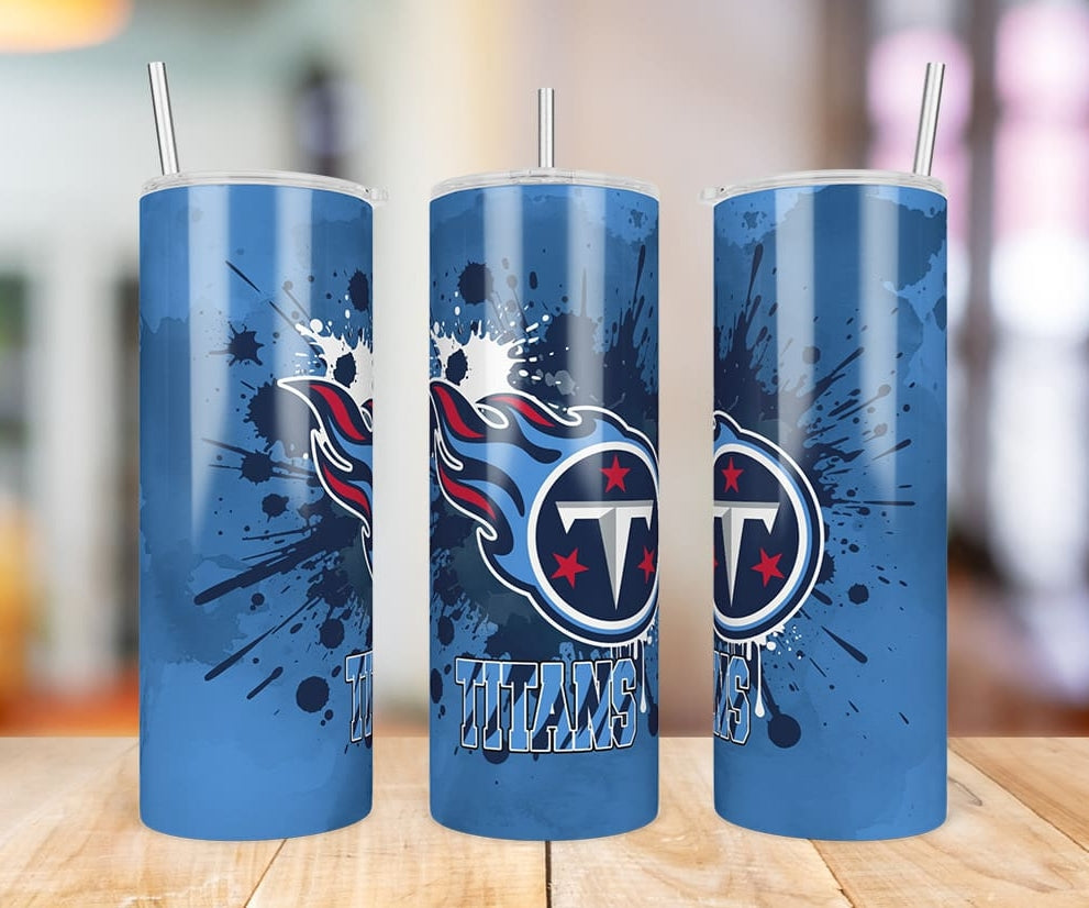Tennessee Titans Paint Splatter 20 oz skinny tumbler three-angle product photo