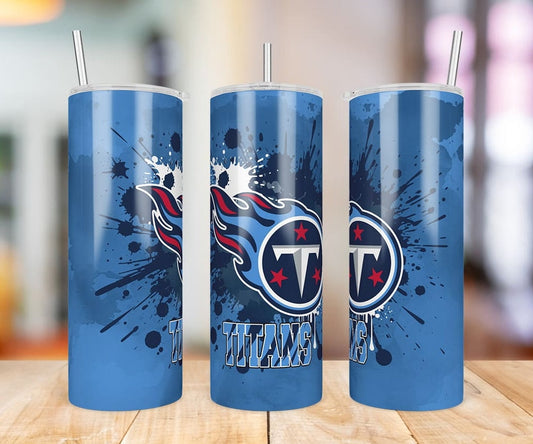 Tennessee Titans Paint Splatter 20 oz skinny tumbler three-angle product photo