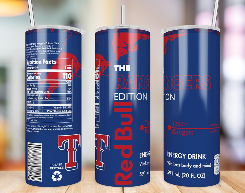 Texas Rangers 20 oz skinny tumbler three-angle product mockup
