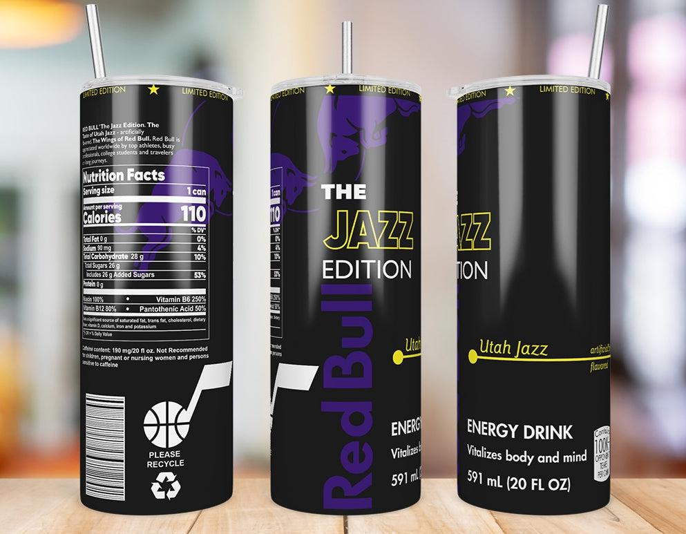 Utah Jazz 20 oz skinny tumbler triple-view product mockup