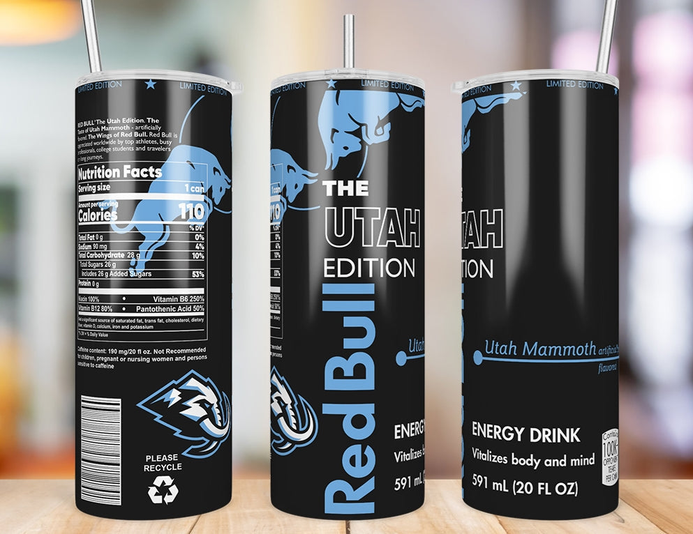 Utah Mammoth Red Bull-inspired 20 oz skinny tumbler shown from three angles