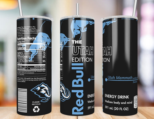 Utah Mammoth Red Bull-inspired 20 oz skinny tumbler shown from three angles