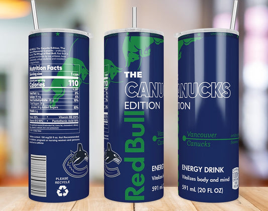 Vancouver Canucks Red Bull-inspired 20 oz skinny tumbler three-angle product mockup