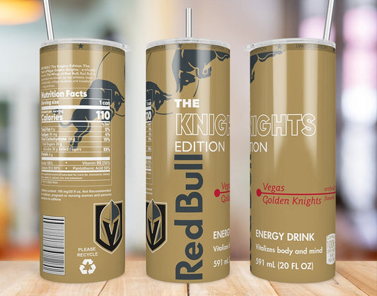 Vegas Golden Knights Red Bull-inspired 20 oz skinny tumbler triple-view