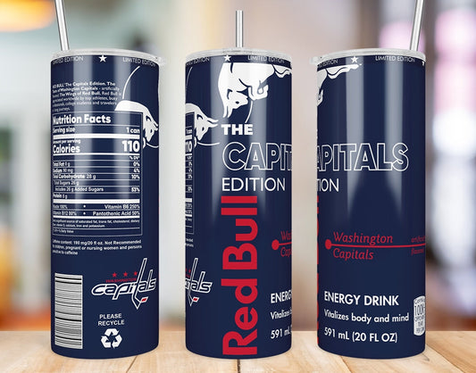 Washington Capitals Red Bull-inspired 20 oz skinny tumbler three-angle product mockup