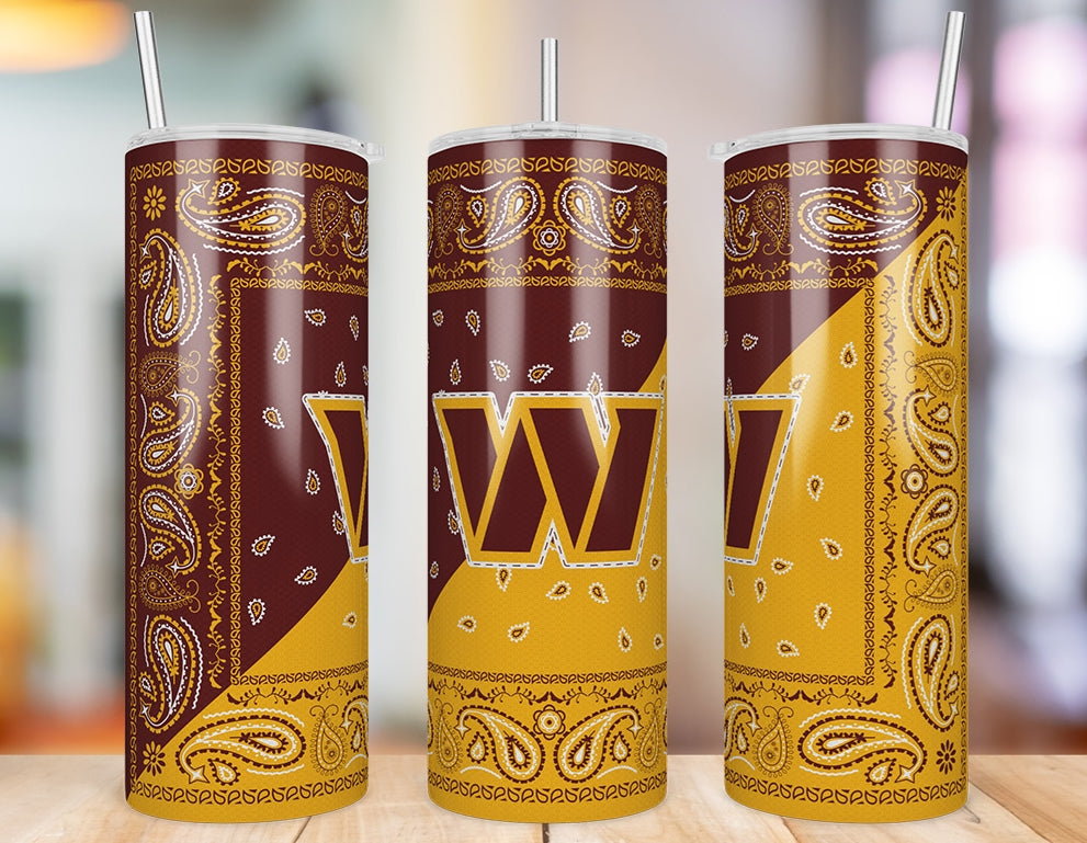 Washington Commanders Bandana Paisley 20 oz skinny tumbler three-angle product photo