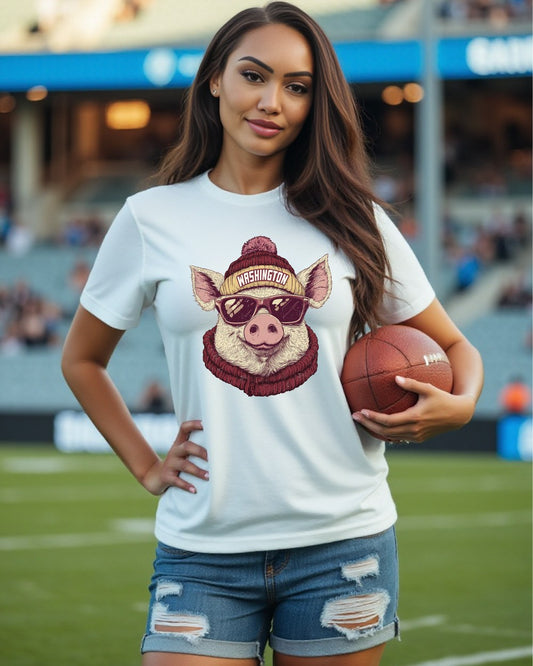 Washington Football Spirit Animal graphic T-shirt modeled by female fan