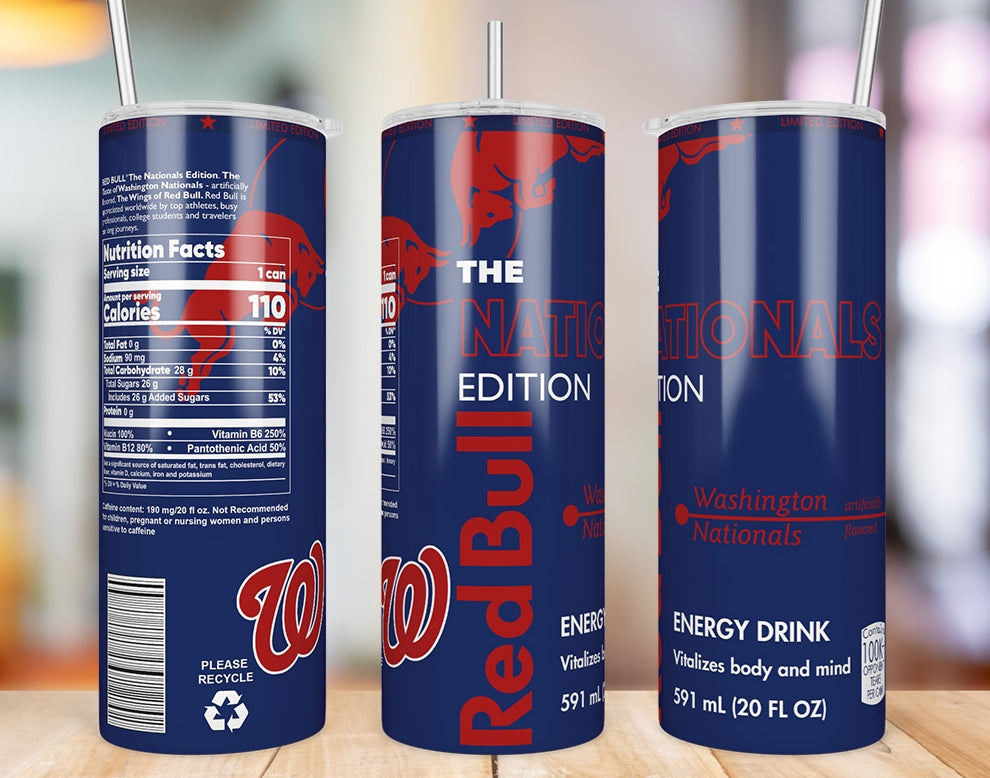 Washington Nationals 20 oz skinny tumbler three-angle product mockup
