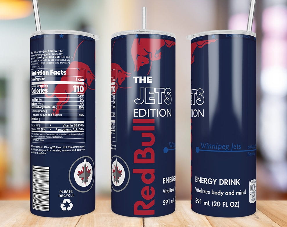 Winnipeg Jets Red Bull-inspired 20 oz skinny tumbler three-angle product mockup